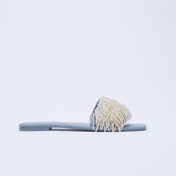 Zara Blue and Cream Beaded Slide Sandals - Picture 3 of 3